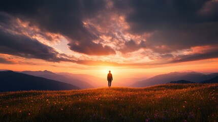 Silhouette of person standing on a hill at sunset