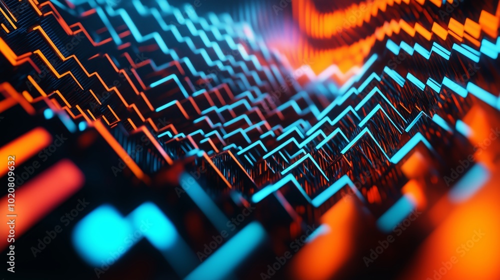 Poster vibrant abstract design with glowing neon patterns in shades of blue and orange creating a futuristi