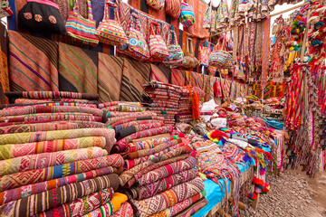 Ollantaytambo is known for its high-quality weaving and colorful textiles, often made using traditional Inca techniques. Cusco Peru.