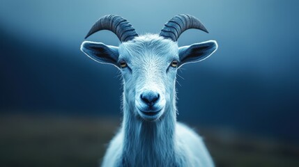 Obraz premium Close-up portrait of a curious white goat with striking horns