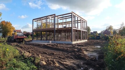 Frame of a house under construction using prefabricated components, machinery and scaffolding at the building site