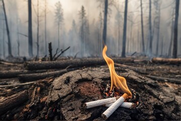 Close-up of a cigarette against the burnt forest or wildfire background with copy space.