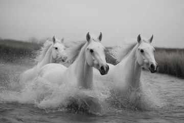 Obraz premium Majestic white horses galloping through water