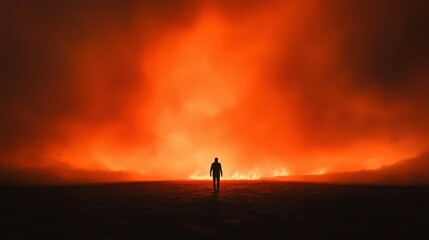 Fototapeta premium lone figure walking towards fiery horizon
