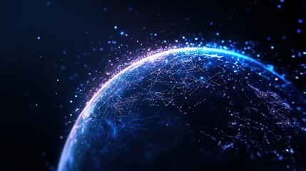 Glowing global network connections on dark blue planet