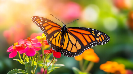 Fototapeta premium serene scene of a butterfly resting on a colorful flower in a lush spring garden, with soft morning light