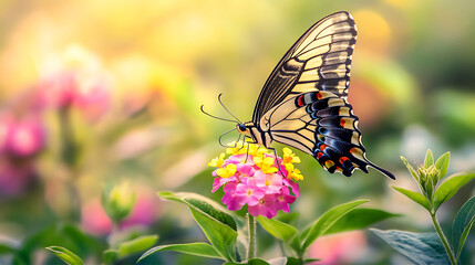 serene scene of a butterfly resting on a colorful flower in a lush spring garden, with soft morning light