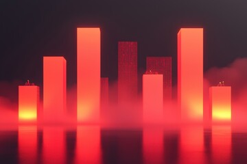 A minimalist scene featuring glowing red geometric blocks rising from a misty surface, creating an abstract, atmospheric effect.