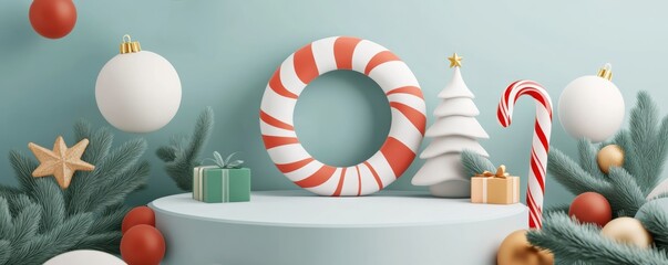 Obraz premium Abstract Christmas wreath and candy canes swirling around a 3D podium, symbolizing iconic holiday elements in modern design