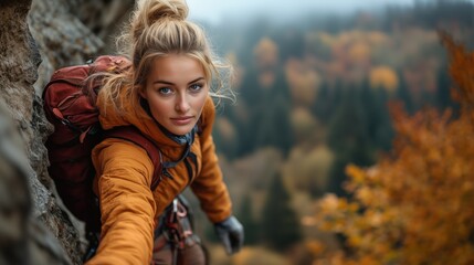 A female rock climber reaches out while scaling a cliff, surrounded by beautiful autumn forest scenery.