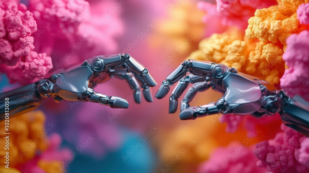 Aufkleber robotic hands reaching towards each other in a colorful abstract environment