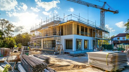 New house under construction with prefabricated walls being installed at a residential building site, cranes visible