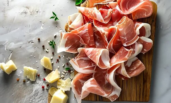 Slices of Prosciutto di Parma or Jam&oacute;n Serrano artfully arranged on a textured white background, showcasing their savory appeal and gourmet presentation