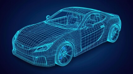 Naklejka premium A futuristic, blue wireframe model of a car, showcasing its digital design and structure against a dark background.