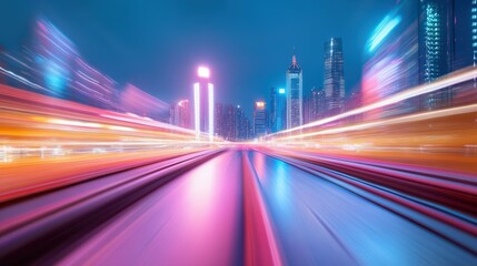 Blurred motion of a futuristic city skyline at night