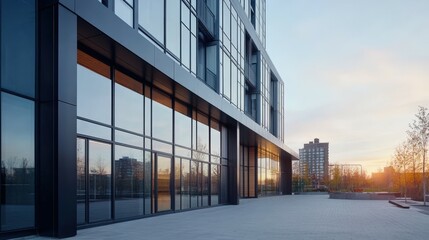 Fototapeta premium modern glass building exterior at sunset