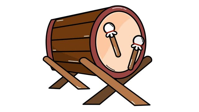 Bedug cartoon animation, a traditional Indonesian Islamic drum used to call people to prayer. Alpha channel. Seamless looping.