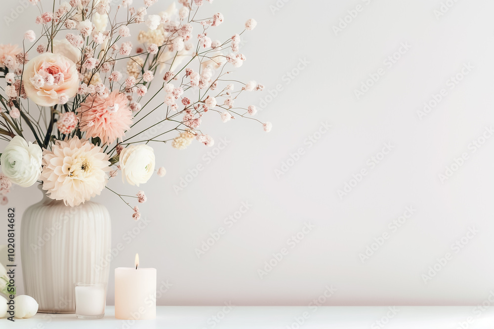 Wall mural A beautiful bouquet of soft pastel flowers in a textured vase sits beside delicate candles, creating a peaceful ambiance against a clean white backdrop