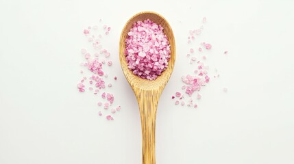 Wooden spoon with pink bath salts