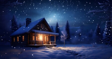 Naklejka premium Wooden Cabin in a Tranquil Snowy Night_029