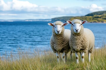 Fototapeta premium Pair of fluffy sheep standing in grass by the ocean