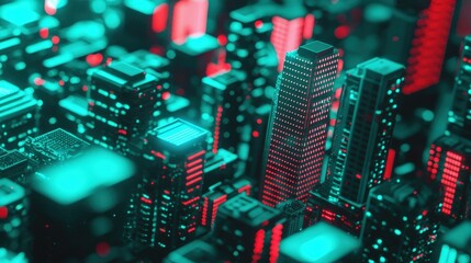Obraz premium A vibrant, futuristic cityscape illuminated in red and teal, showcasing intricate, neon-lit buildings and a digital aesthetic.
