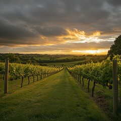 Naklejka premium Scenic sunset over a picturesque vineyard landscape