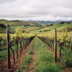 Obraz premium Scenic vineyard landscape with rolling hills and cloudy sky