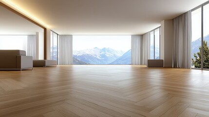 Obraz premium A large open room with a view of mountains