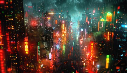 Obraz premium A Rainy Night View of a Cityscape with Neon Lights