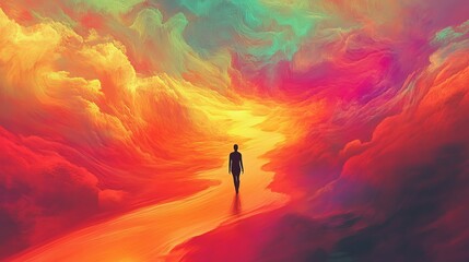 Obraz premium A silhouette walks through a vibrant, colorful cloudscape.