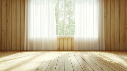 A room with a large window and white curtains