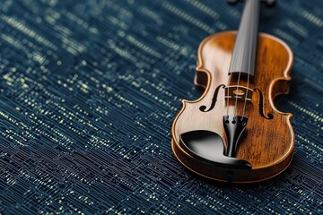 A close-up image of a beautifully crafted wooden violin resting on a textured blue surface,...