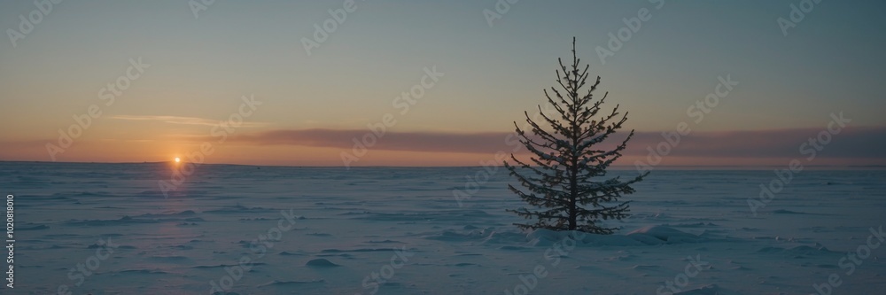 Poster a small tree is standing in the snow. the sky is orange and pink. the tree is in the middle of a fie