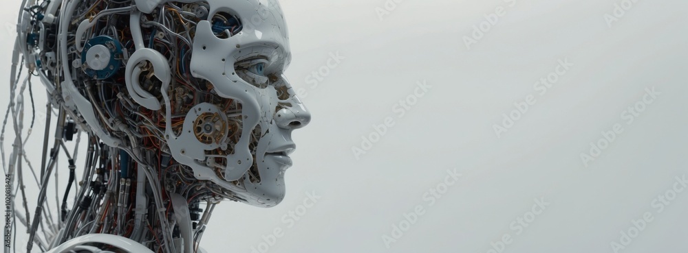 Poster a robot with a face made of wires. the robot is white and has a blue eye. the robot is standing in f