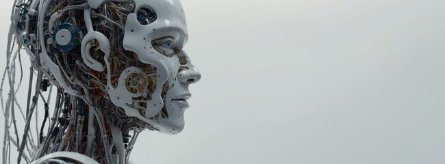 A robot with a face made of wires. The robot is white and has a blue eye. The robot is standing in front of a white background