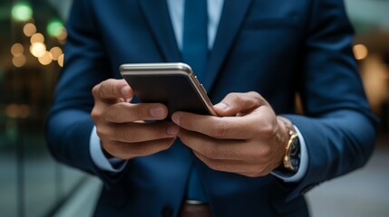 A businessman in a suit uses his smartphone, showcasing a modern lifestyle of connectivity and professionalism.