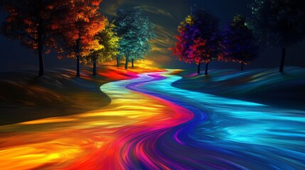 A vibrant, surreal landscape featuring a colorful river and trees.