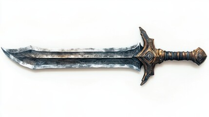 A decorative sword with intricate designs and a blend of metallic finishes, ideal for use in fantasy art projects, game designs, or as a prop in theater and cosplay events,