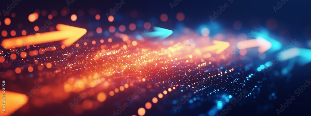 Poster dynamic glowing arrows illuminated in vibrant colors representing speed and direction in a digital a
