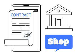 Shop concept. Digital contract on a tablet screen rolled out with a signature, storefront outline, and speech bubble with the word shop in it. Ideal for online commerce, digital transactions