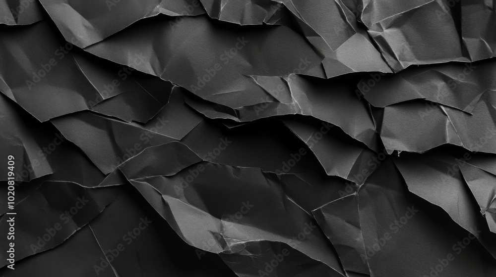 Poster a textured, crumpled black paper surface showcasing deep folds and shadows, creating an abstract, mo