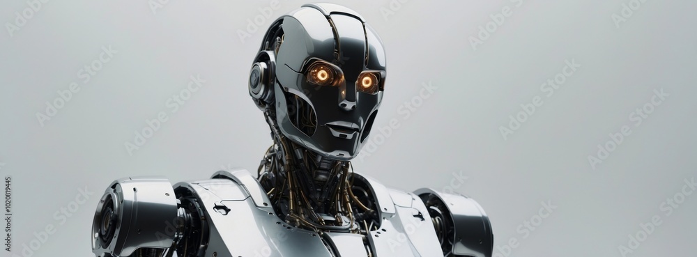 Poster a robot with a face and a silver body. the robot has a yellow light on its face