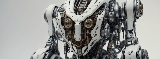 A robot with a white body and gold eyes. The robot has a lot of metal parts and is very detailed