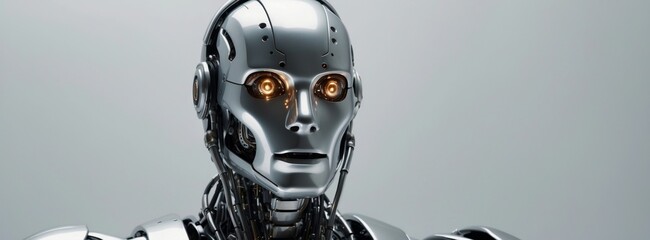 A robot with a silver face and yellow eyes. The robot is standing in front of a white background