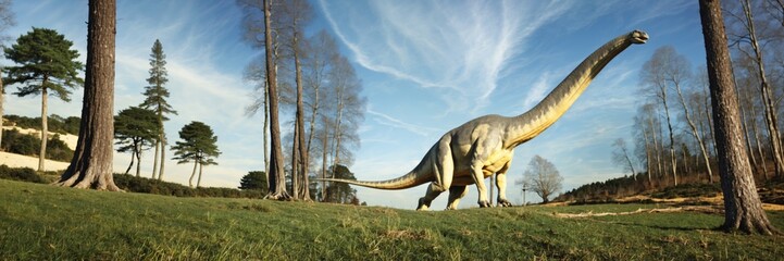 Obraz premium A large dinosaur is walking through a field. The dinosaur is very tall and has a long neck