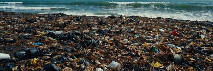 Obraz premium A beach covered in trash. The trash is mostly plastic
