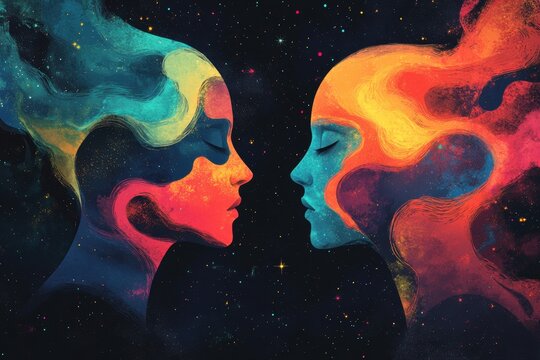 telepathic connection, vivid telepathy art showcasing minds connecting in cosmic colors, ready for text incorporation