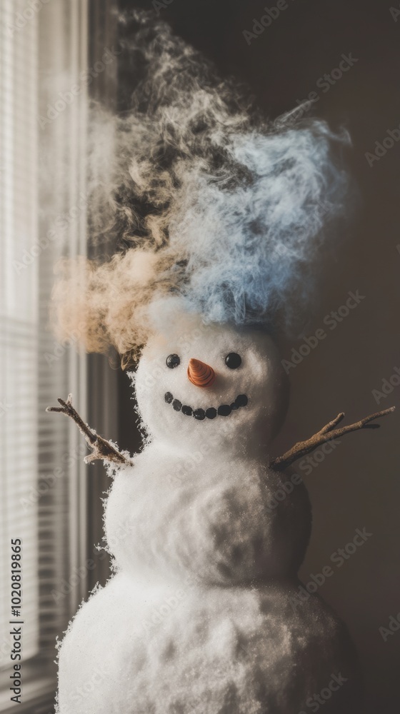 Poster A snowman with smoke coming out of it