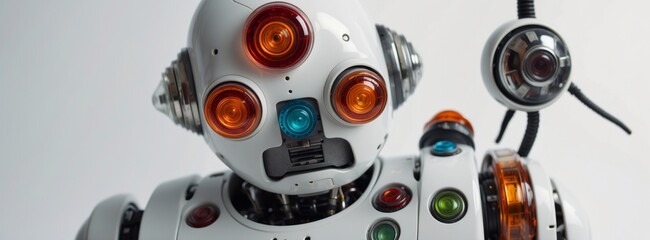 A robot with a white body and orange eyes. The robot has a blue light on its head